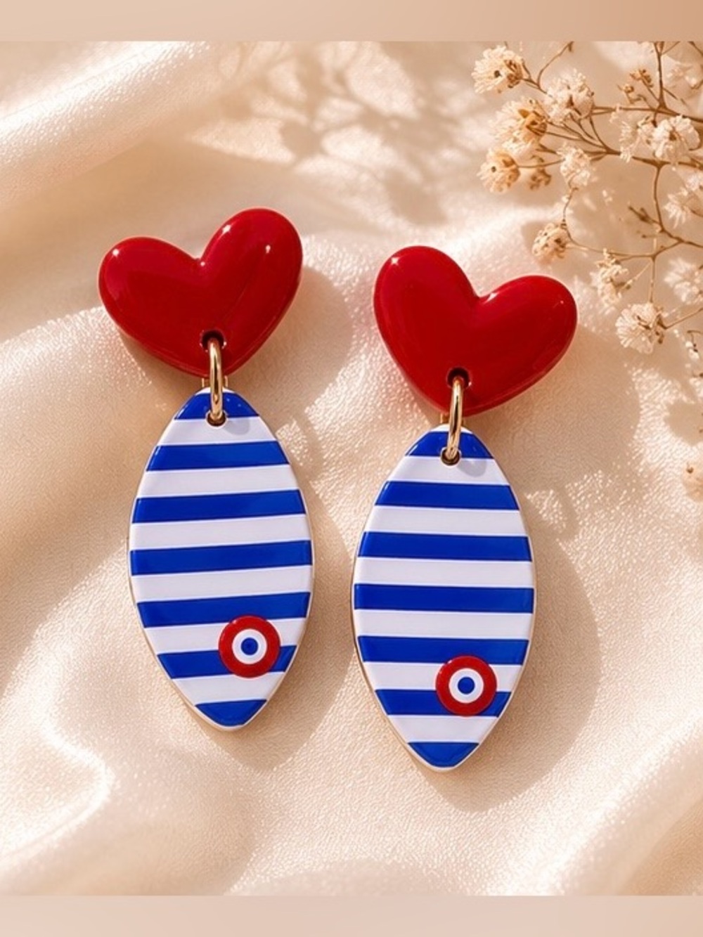 Nautical Heart Drop Earrings Red Blue Stripe Coastal Statement Earrings